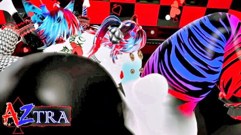 3D CGI trans clown furry with zebra legs and fox ears deepthroats black AZTRA helmet in checkered background