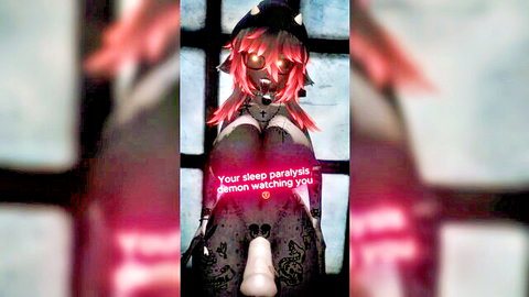 Redhead futa demon with huge cock and big tits poses seductively from behind in sleep paralysis fantasy