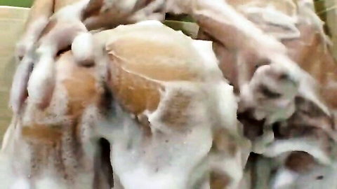 Sasha giving foamy handjob in steamy bathroom