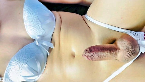 Masked Man Rider in white lingerie with penis flooding belly button cumshot