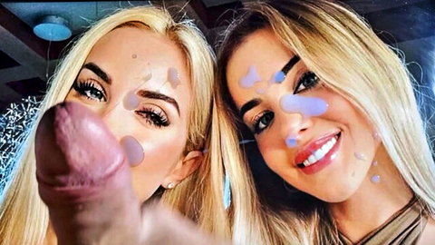 Blonde twins Judith and Sheila smiling with cum tribute facial