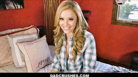 Hot blonde teen smiles in unbuttoned plaid shirt, teasing stepdad in POV scene
