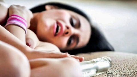 Brunette Kerry masturbates intensely with dildo, nude ecstasy