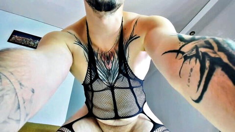 Alexey Webcam King in black mesh lingerie, exposing genitals, solo pose