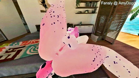 Pink spotted fantasy big ass spread wide showing wet pussy in VR beach bedroom