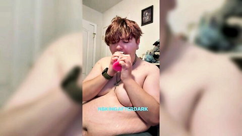 Chubby amateur non-binary sucking thick pink dildo with drool