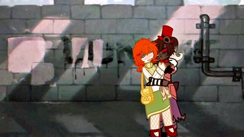 Cute freckled redhead anime girl in stockings hugs furry top-hat bear passionately against stone wall