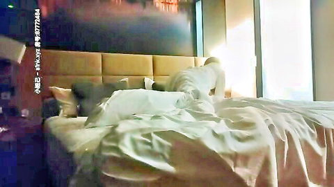 Amateur Asian woman in white pants pulled down, ass up on bed