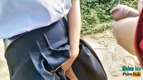 Melon Ice Thai schoolgirl skirt lifted for outdoor teacher fuck