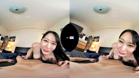 Smiling nude Asian babe on bed with hanging tits and exposed shaved pussy in VR view