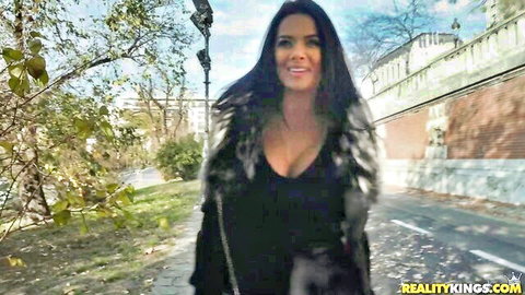 Shalina Devine glamorous MILF in sexy black dress and fur coat outdoors