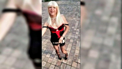 Blonde Candice in red black lingerie outdoors, teasing selfie