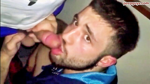Bearded guy in blue jacket with tongue out licks thick erect cock closeup blowjob tease