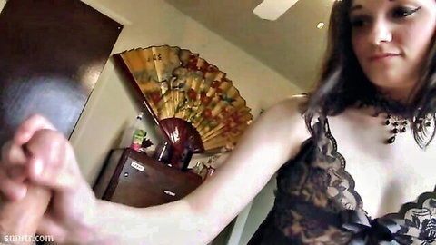 Amateur POV goth brunette in black lace lingerie grinding on cock