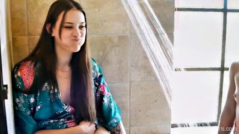 Mira Monroe and Olivia La Roche in steamy lesbian bathroom tease