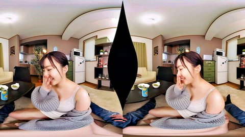 Smiling Asian woman in gray cardigan and camisole, sitting in kitchen VR split view