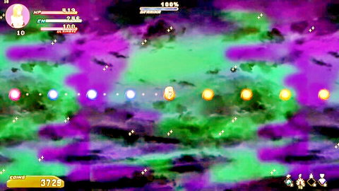 Vibrant space nebula background with colorful orbs and game UI health bars in purple green hues