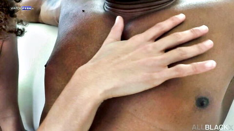 Cecilia Lion's hand caressing ebony hunk's toned chest intimately