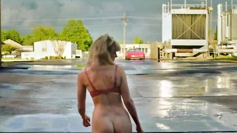 Blonde Chloe Farnworth bottomless in red bra, walking nude outdoors