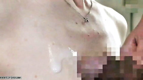 Japanese mature housewife with cum dripping on her bare tits and censored pussy