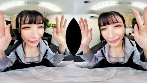 Japanese woman in gray uniform making peace signs in VR POV