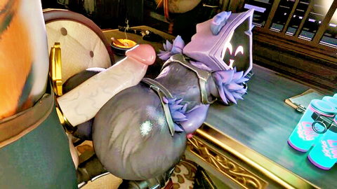 Futanari Meow-skulls in purple armor poses with massive cock on desk