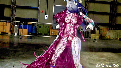 Big-titted cosplay babe exposes massive tits and pussy in sheer purple tentacle bodysuit, dynamic pose.