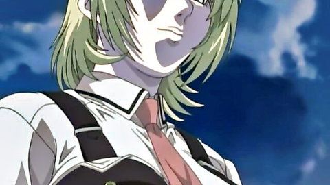 Seductive green-haired anime teacher in white shirt suspenders and red tie smirking intensely