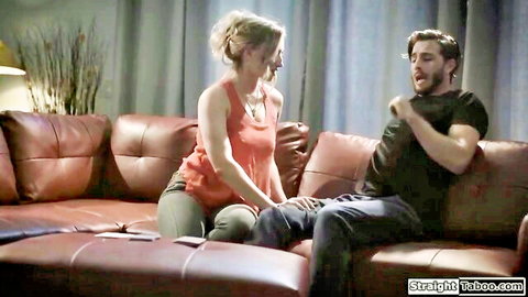 Blonde stepaunt seduces stepnephew by touching his thigh on couch