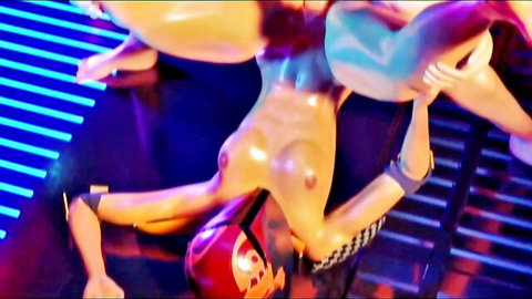 Shiny nude women in dynamic sci-fi poses with helmeted figure in Clone Wars Funk