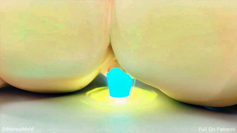 Massive yellow-tinted ass cheeks spread wide with glowing turquoise dildo inserted in tight asshole.