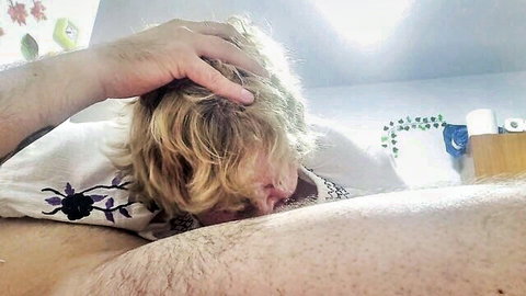 Mature blonde granny giving deep blowjob in intimate POV