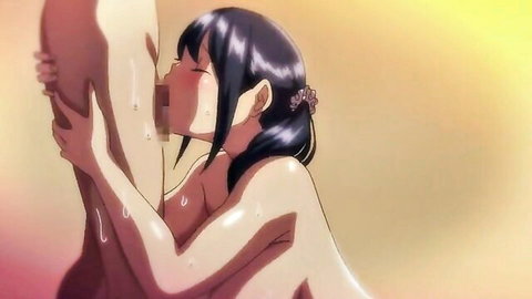 Hentai girl with ponytail kisses and licks massive throbbing cock with saliva dripping on her nude tits