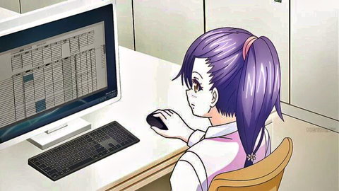 Purple-haired hentai teen girl in office shirt using mouse at computer desk