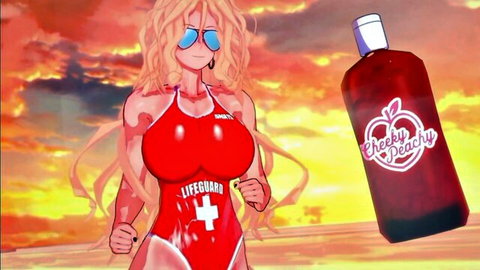 Anime blonde lifeguard in tight red swimsuit posing at sunset beach