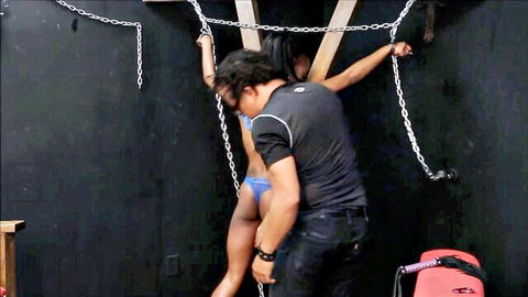 Ebony slave Harmony tied and whipped by black master in BDSM scene
