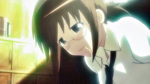 Anime girl with glasses and brown hair in white shirt, looking sideways in Koe de Oshigoto Ep.2