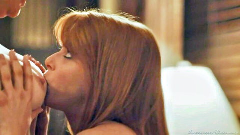 Redhead woman in passionate kiss with man, intimate bedroom moment from Breakfast With My Friend Part 2