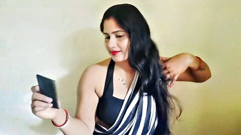 Sexy Bangla Bhabhi maid in revealing saree combing long hair, salary tease video