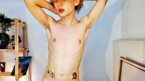 Slim twink Adrian May shirtless ahegao pose arms raised