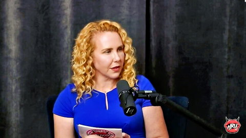 Bonnie Blue in blue top on Holly Randall Unfiltered podcast interview