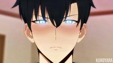 Blushing anime twink boy with glowing blue eyes stares seductively in closeup hentai tease