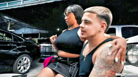 Avery Jane in sexy black crop top and mini skirt with tattooed hunk at chop shop