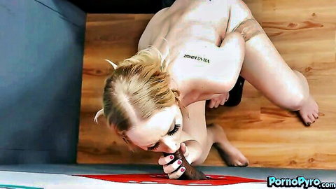 Skinny blonde girl deepthroating huge black cock on knees nude