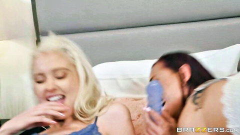 Chloe Cherry and Aidra Fox in steamy lesbian fingering scene, blonde and brunette in lingerie