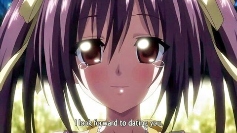 Cute anime girl with purple twintails and big shiny eyes blushes smiling romantically