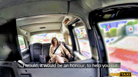Saucy secretary in Fake Taxi, seated in back offering help, professional coat