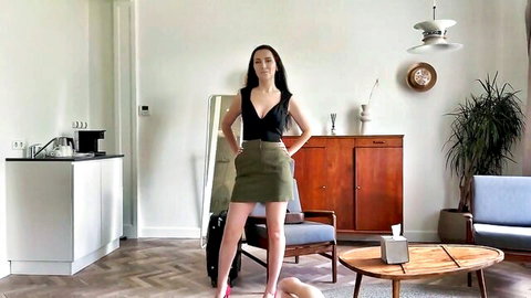 Brunette stepmom in short green skirt and red heels caught with stepson in hotel