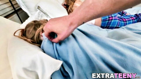 Petite blonde teen's plaid pajama pants pulled down exposing her ass by man's hand on bed