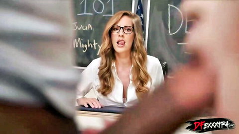 Blonde teacher Julia Mighty shocked in open blouse, reacting to huge cock size